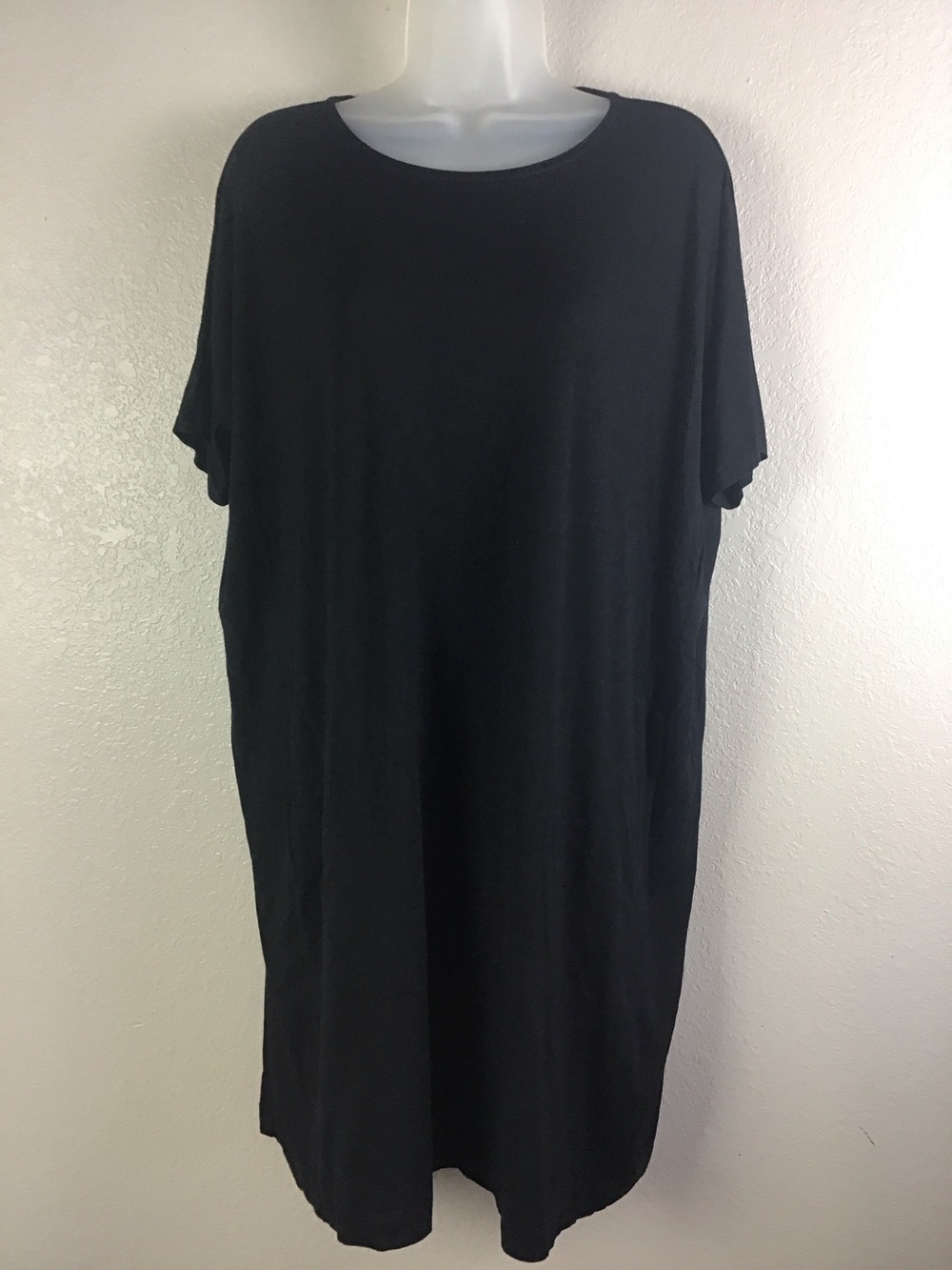 Eileen Fisher Round Neck Boxy T-Shirt Dress with Side Pockets Black Small/P